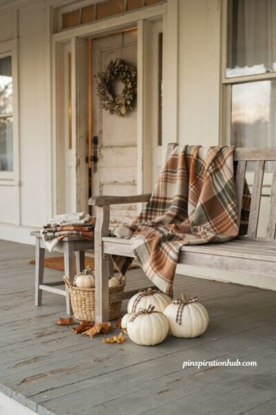 cozy plaid fall porch decor with plaid throw white pumpkins rustic bench autumn wreath and warm farmhouse accents
