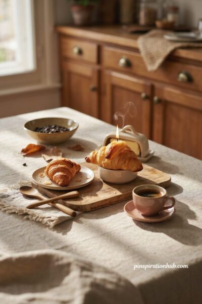 croissant butter fall candle with fresh pastry scent and cozy kitchen breakfast nook