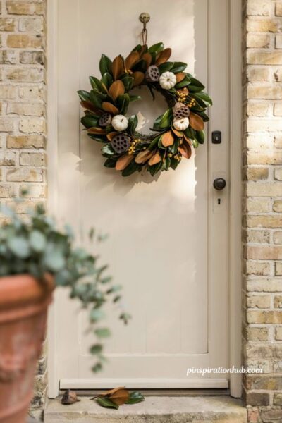 Fall wreaths for front door with magnolia leaves white pumpkins and dried lotus pods