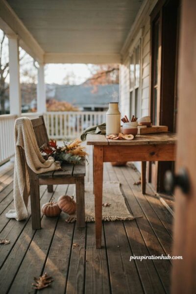 elegant wicker topiary fall porch with matching baskets pumpkins gourds autumn wreath and symmetrical front door decor