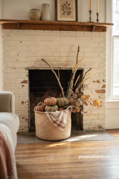 fall basket ideas for fireplace hearth with branches and pumpkins