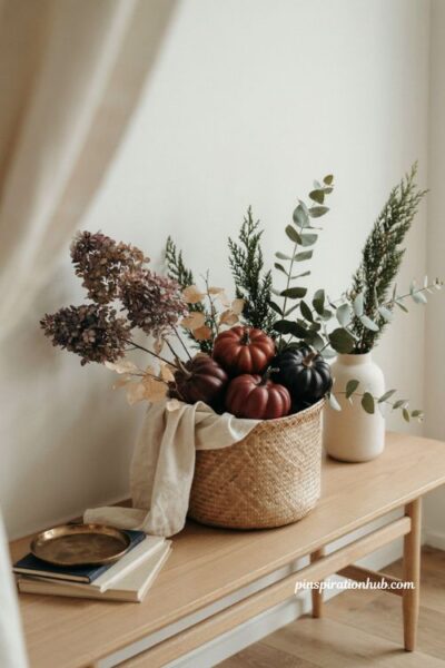 fall basket ideas with burgundy blue and cream decor