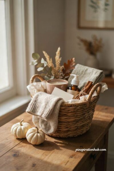 fall basket ideas with cozy self care gifts and fuzzy socks