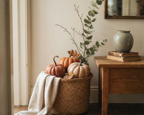 fall basket ideas with pumpkins and cozy blanket scarf