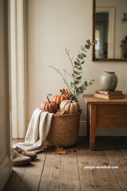 fall basket ideas with pumpkins and cozy blanket scarf