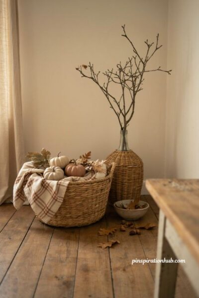 fall basket ideas with vintage demijohn and bare branches
