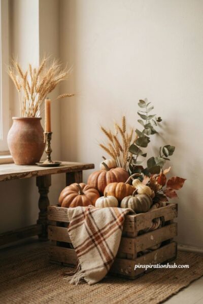 fall basket ideas with vintage wooden crate and pumpkins