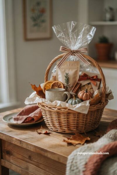 fall basket ideas with warm drink gift mug and maple cookies