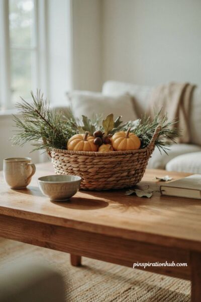 fall basket ideas with white pine and small neutral pumpkins