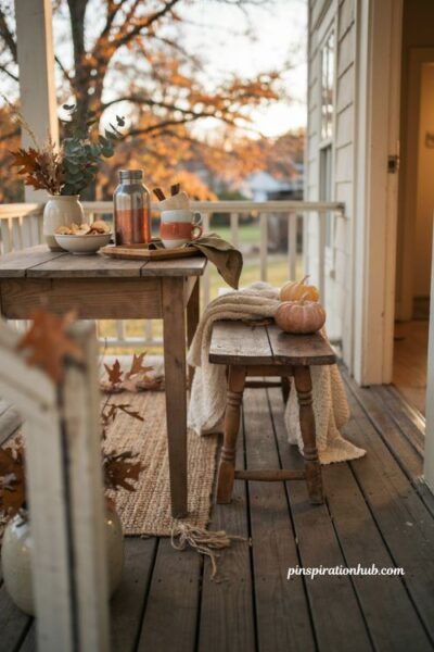 fall porch cider station with warm cider thermos ceramic mugs rustic tray pumpkins bench and cozy farmhouse decor