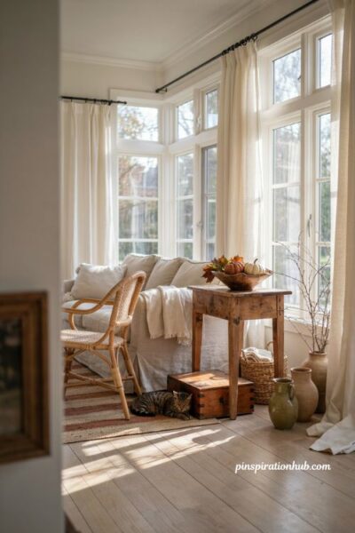 fall sunroom decor with antique wood accents carved bowl and warm natural textures