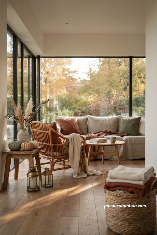 fall sunroom decor with burgundy forest green and rust pillows for a cozy autumn look