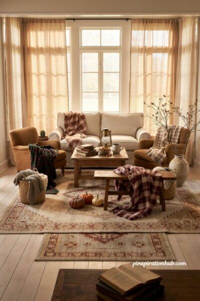 fall sunroom decor with cozy plaid throws on every seat and warm autumn accents