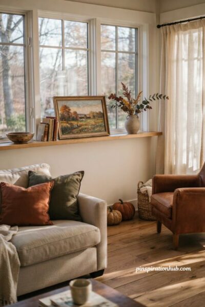 fall sunroom decor with soft burgundy sage green warm cream and natural light