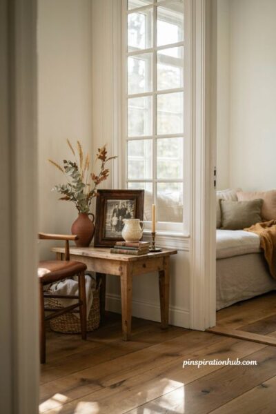 fall sunroom decor with vintage family photo heirloom and cozy autumn accents