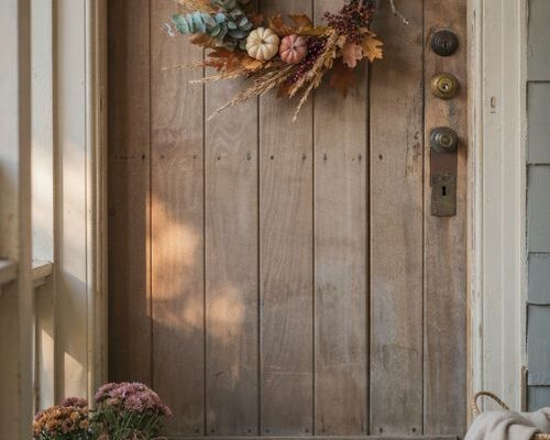 fall wreaths on a cozy autumn front door with dried foliage and rustic natural textures