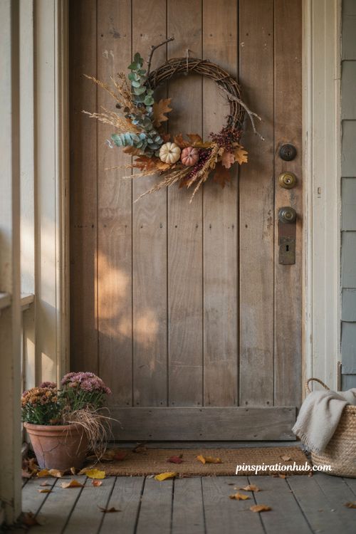 fall wreaths on a cozy autumn front door with dried foliage and rustic natural textures