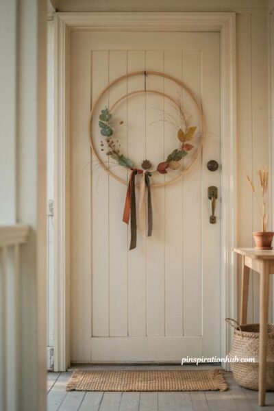 fall wreaths with a minimalist embroidery hoop and dried autumn sprigs on a front door