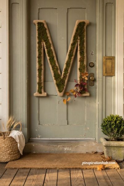 fall wreaths with a personalized moss monogram letter and autumn berries on a front door
