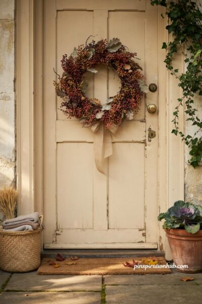 fall wreaths with burgundy rust and marigold berries on a farmhouse front door