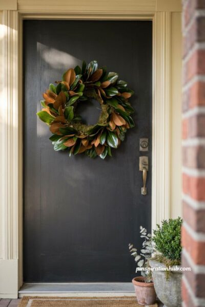 fall wreaths with elegant magnolia leaves on a dark front door