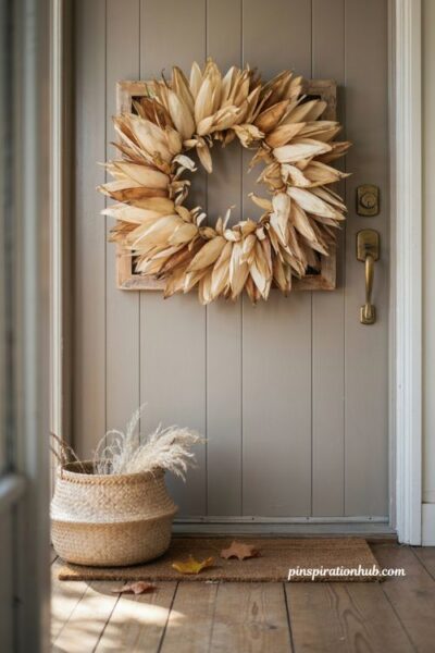 fall wreaths with textured corn husks on a modern square front door wreath