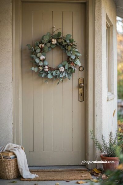 fall wreaths with textured corn husks on a modern square front door wreath