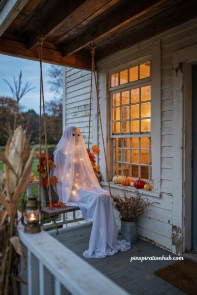 ghost swing Halloween window decor with glowing white ghost, autumn leaves, pumpkins and cozy porch