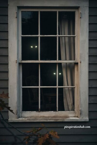 glowing ghost eyes Halloween window with eerie eyes in a dark house at night