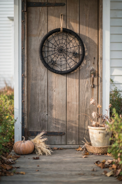 DIY spiderweb wreath with black yarn and spiders for farmhouse Halloween door decor
