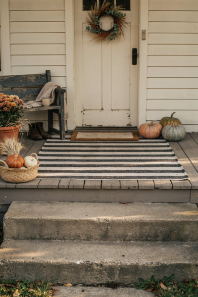 **Prompt** Wide vertical editorial photograph of a charming fall front porch viewed at eye level, with the camera centered on the entryway so the layered outdoor rug and doormat become the natural focal point while the full porch, front door, steps, and surrounding decor remain clearly visible. A cozy, modest farmhouse porch with a welcoming front entrance, styled to feel practical and lived-in rather than overly decorated, with the layered rug creating an instantly finished and inviting threshold. Timeless farmhouse style with subtle vintage character, natural weathered wood, simple traditional architecture, and understated autumn details. A grounding palette of warm cream, charcoal black, faded beige, muted rust, soft pumpkin orange, olive green, and natural brown. A slightly oversized black-and-white striped outdoor rug sits neatly beneath a smaller seasonal doormat, both properly proportional to the porch and positioned to leave the doorway and walking path comfortable and uncluttered; add a simple fall wreath, a few heirloom pumpkins in varied muted colors, a weathered wooden bench, terracotta planter with autumn mums, dried grasses, woven basket, worn porch boards, and small natural imperfections that make the space feel collected over time. Soft late-afternoon autumn light gently falls across the rug fibers, doormat texture, wood grain, pumpkins, and doorway, creating subtle warmth and realistic depth without harsh shadows. The mood should feel welcoming, practical, cozy, and quietly charming, with the layered rugs adding visual structure while soft fall colors change the mood instantly, old textures add warmth and depth, and simple details create lasting charm. no people, no text, no watermarks, no blur, no bokeh, all surfaces in sharp focus, photorealistic, 4K resolution, editorial interior photography, Pinterest-worthy