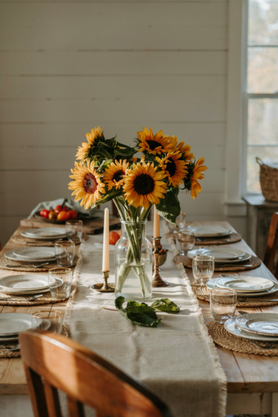 Fresh sunflower centerpiece in a clear glass vase for a simple diy fall table