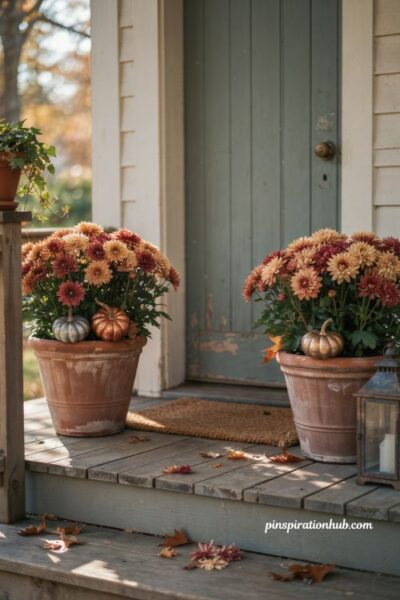 metallic pumpkins and mums fall outdoor decor front porch