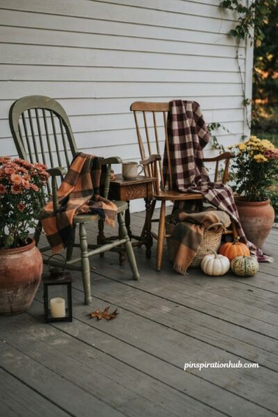 plaid throws fall outdoor decor front porch seating
