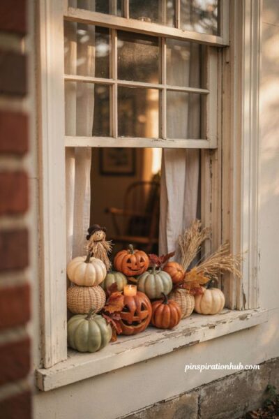 pumpkin patch Halloween windowsill with white orange rattan pumpkins, autumn leaves and warm candlelight