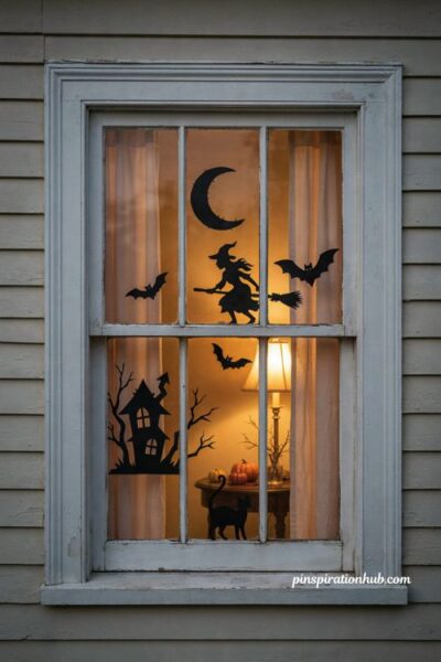 spooky Halloween window silhouettes with witch on broomstick, bats, black cat and haunted house