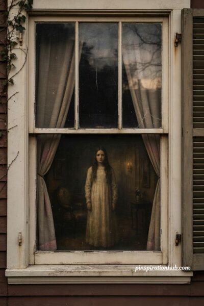 spooky girl Halloween window backdrop with ghostly figure, dark room and haunted house window decor
