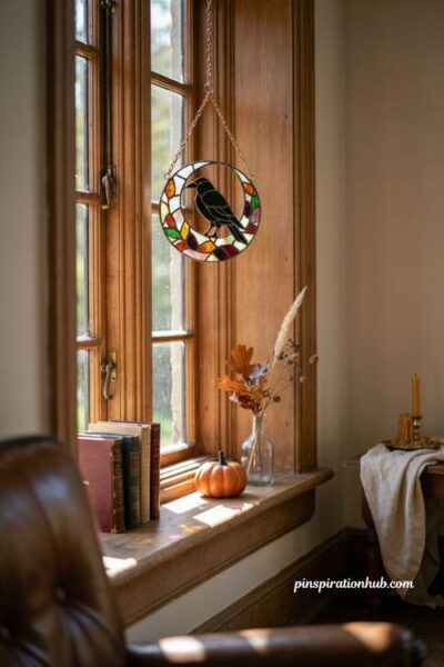 stained glass Halloween suncatcher with raven, crescent moon, autumn leaves and colorful window light