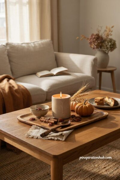 sweet gourmand fall candle with cozy bakery scents and warm living room decor