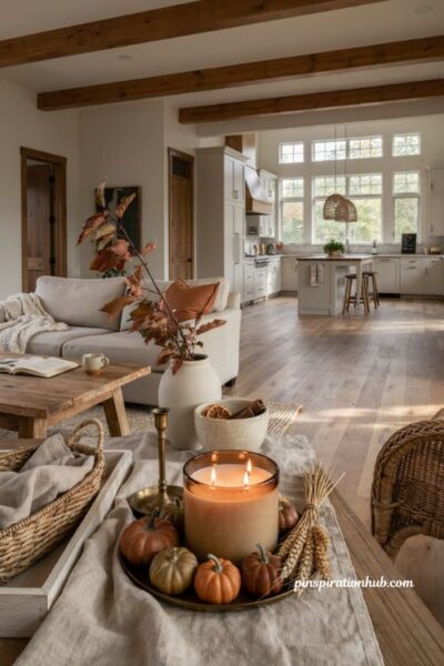 three wick fall candle for large rooms with cozy open concept autumn decor