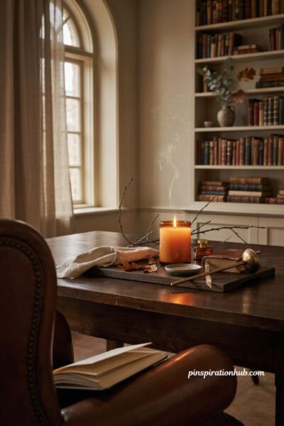 tobacco and vanilla fall candle with cozy vintage autumn reading nook decor