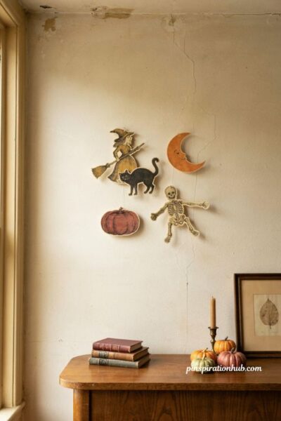 vintage Beistle Halloween cutouts with retro witch, black cat, pumpkin and moon wall decor