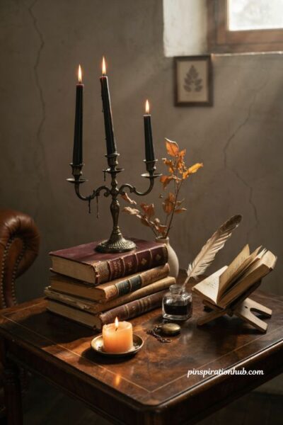 vintage Halloween books decor with leather bound books, black candelabra, inkwell, feather quill and candle