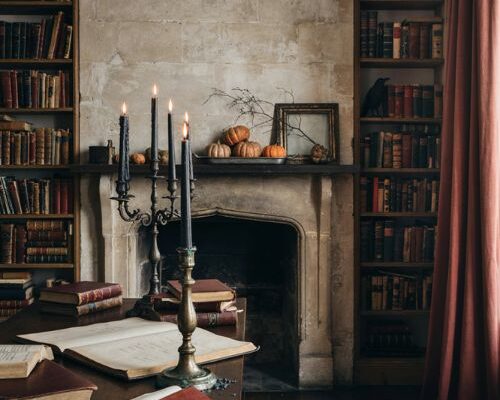 vintage Halloween decor with gothic study, black candles, antique books, pumpkins and raven accents