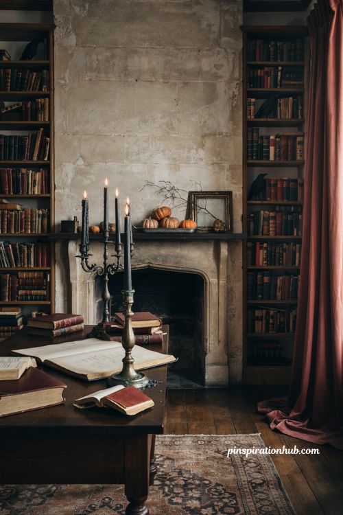 vintage Halloween decor with gothic study, black candles, antique books, pumpkins and raven accents