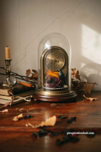 vintage Halloween dome clock cloche with black rose, raven, antique glass dome and gothic cabinet decor