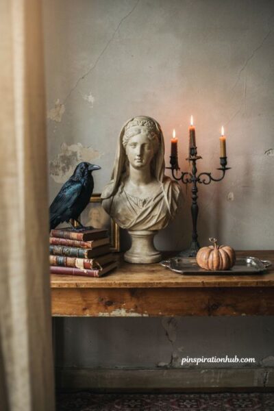 vintage Halloween entryway table decor with veiled bust, black candelabra, raven, old books and pumpkins
