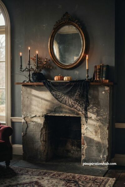 vintage Halloween fireplace decor with black lace spiderweb mantel scarf, candelabras, old books and pumpkins