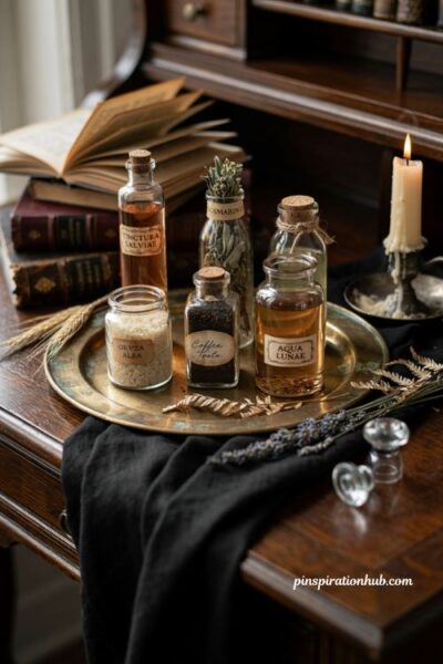 vintage Halloween potion bottles with apothecary jars, dried herbs, glass bottles and gothic witch decor