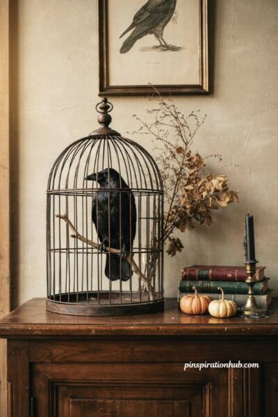 vintage Halloween raven birdcage with antique cage, black crow, old books and gothic decor